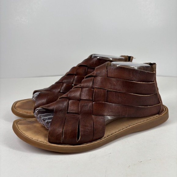 Børn Shoes - Born Iwa Women's US 9M Brown Leather Woven Gladiator Flat Zip Sandals BR0032992